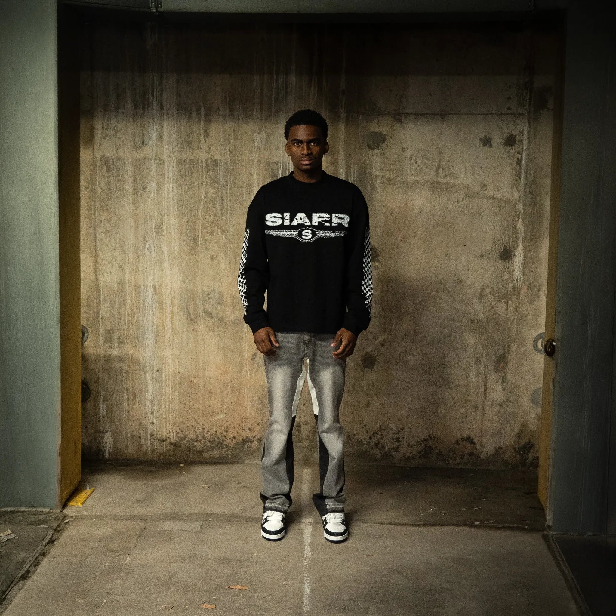 Front View of SIARR Chequered L/S Black T-Shirt